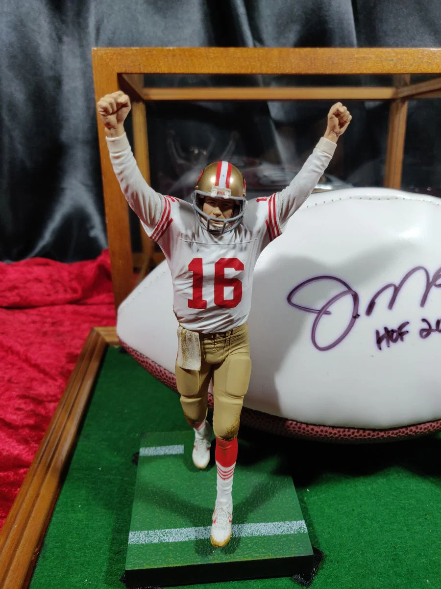 Original Joe Montana 49ers Autographed Football Shadowbox with Card and Figure - Image 3