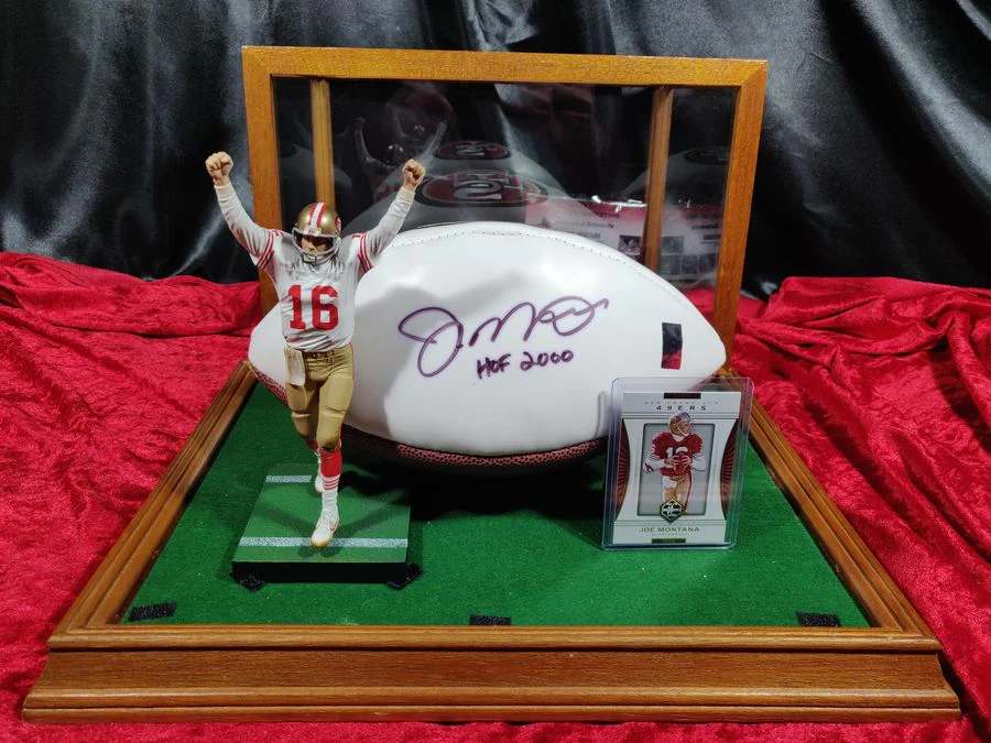 Joe Montana 49ers Autographed Football Shadowbox with Card and Figure - Image 2