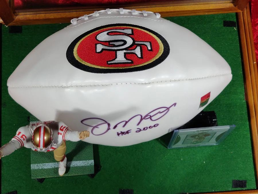 Joe Montana 49ers Autographed Football Shadowbox with Card and Figure - Image 6