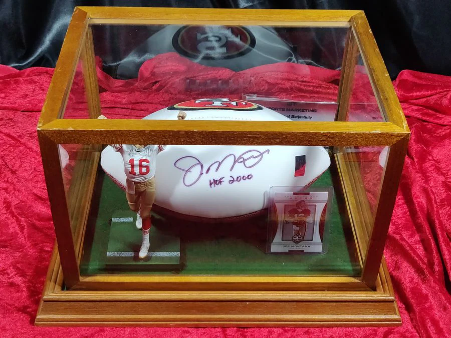 Joe Montana 49ers Autographed Football Shadowbox with Card and Figure - Image 8