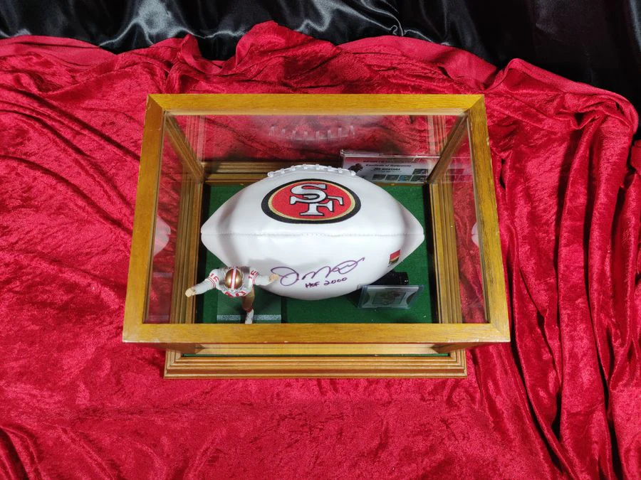 Joe Montana 49ers Autographed Football Shadowbox with Card and Figure - Image 9