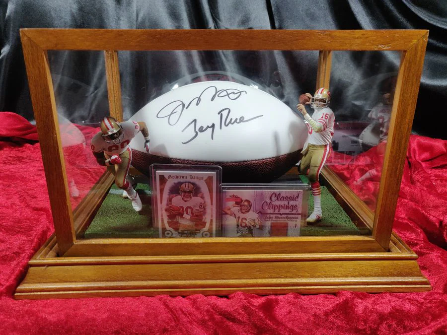 Joe Montana Jerry Rice Signed Football Shadowbox 49ers w/ Card & Figures GT Sports