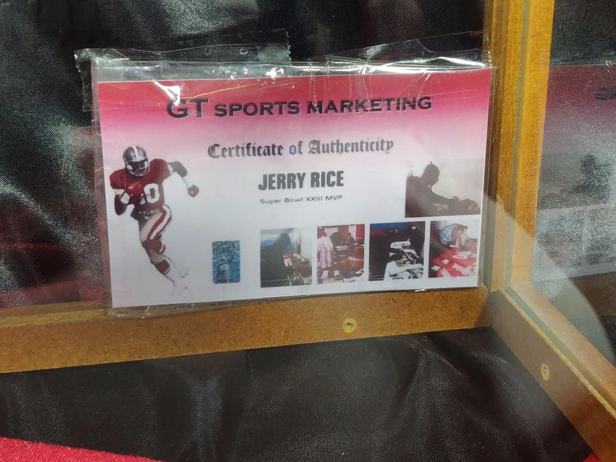 Joe Montana Jerry Rice Signed Football Shadowbox 49ers w/ Card & Figures GT Sports - Image 12