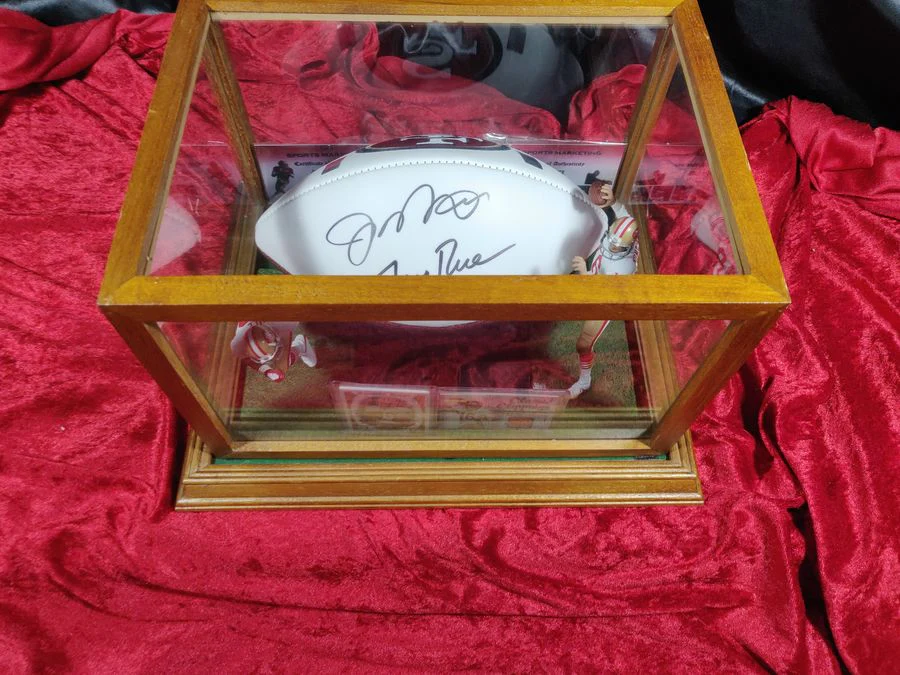 Joe Montana Jerry Rice Signed Football Shadowbox 49ers w/ Card & Figures GT Sports - Image 2