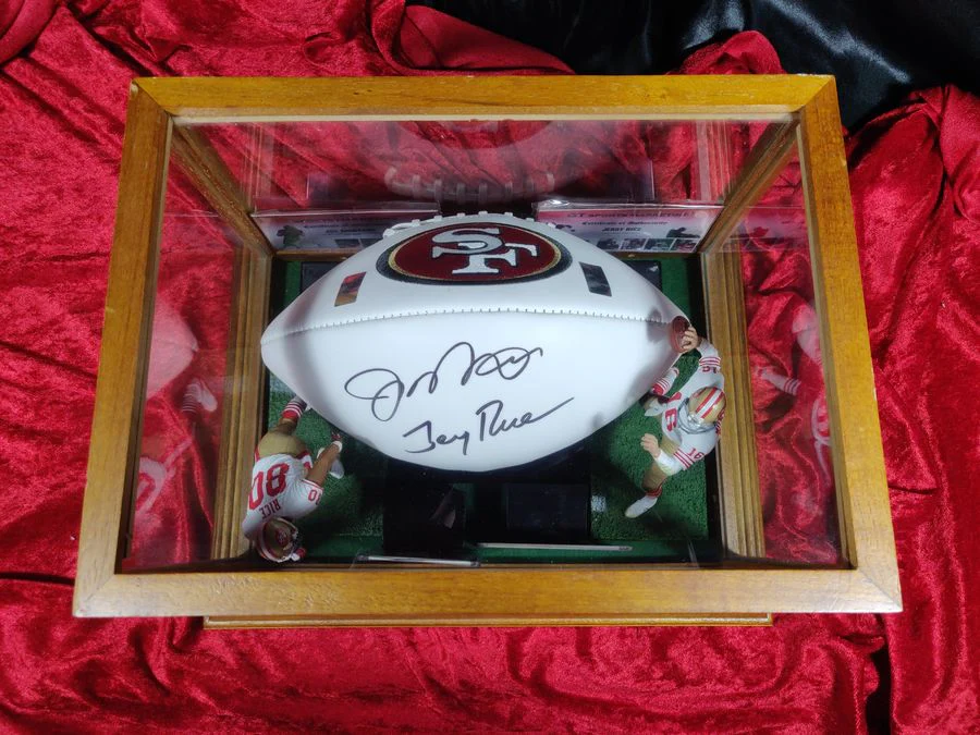 Joe Montana Jerry Rice Signed Football Shadowbox 49ers w/ Card & Figures GT Sports - Image 3