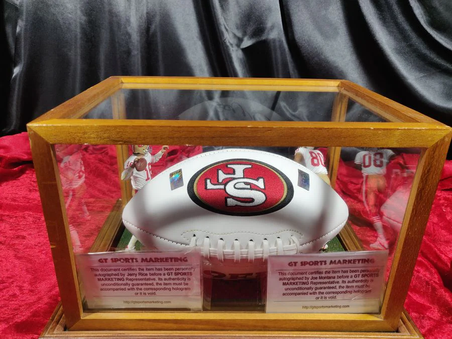Joe Montana Jerry Rice Signed Football Shadowbox 49ers w/ Card & Figures GT Sports - Image 4