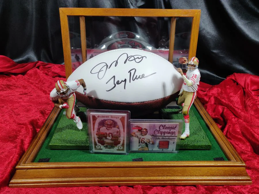 Joe Montana Jerry Rice Signed Football Shadowbox 49ers w/ Card & Figures GT Sports - Image 5