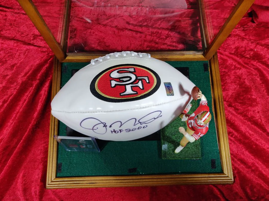 Joe Montana Signed Football Shadowbox 49ers HOF 2000 Ball w/ Card & Figure - Image 11