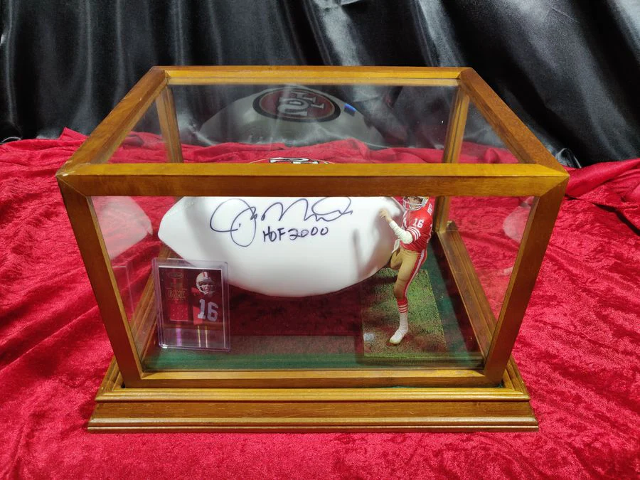 Joe Montana Signed Football Shadowbox 49ers HOF 2000 Ball w/ Card & Figure - Image 2
