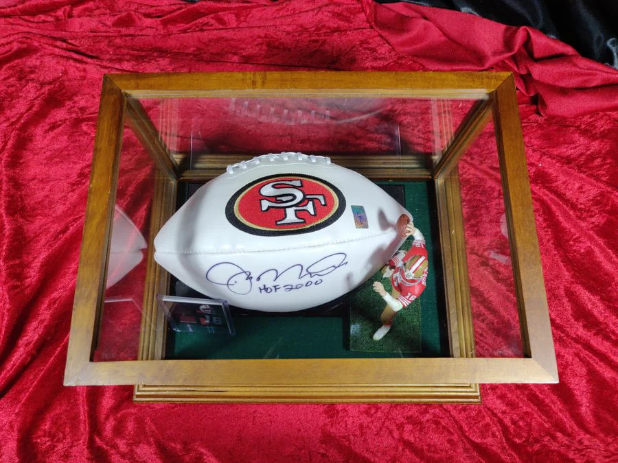 Joe Montana Signed Football Shadowbox 49ers HOF 2000 Ball w/ Card & Figure - Image 3