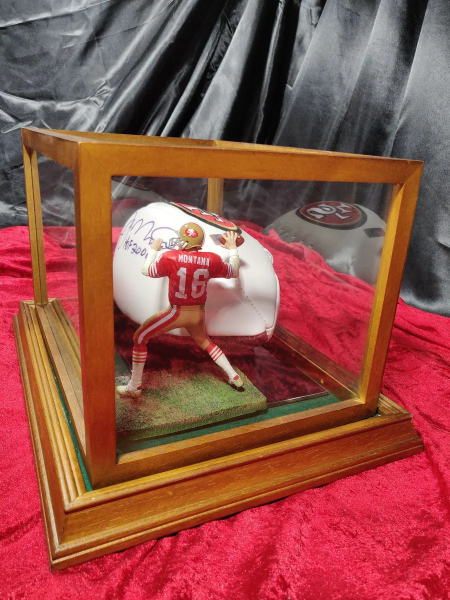 Joe Montana Signed Football Shadowbox 49ers HOF 2000 Ball w/ Card & Figure - Image 4