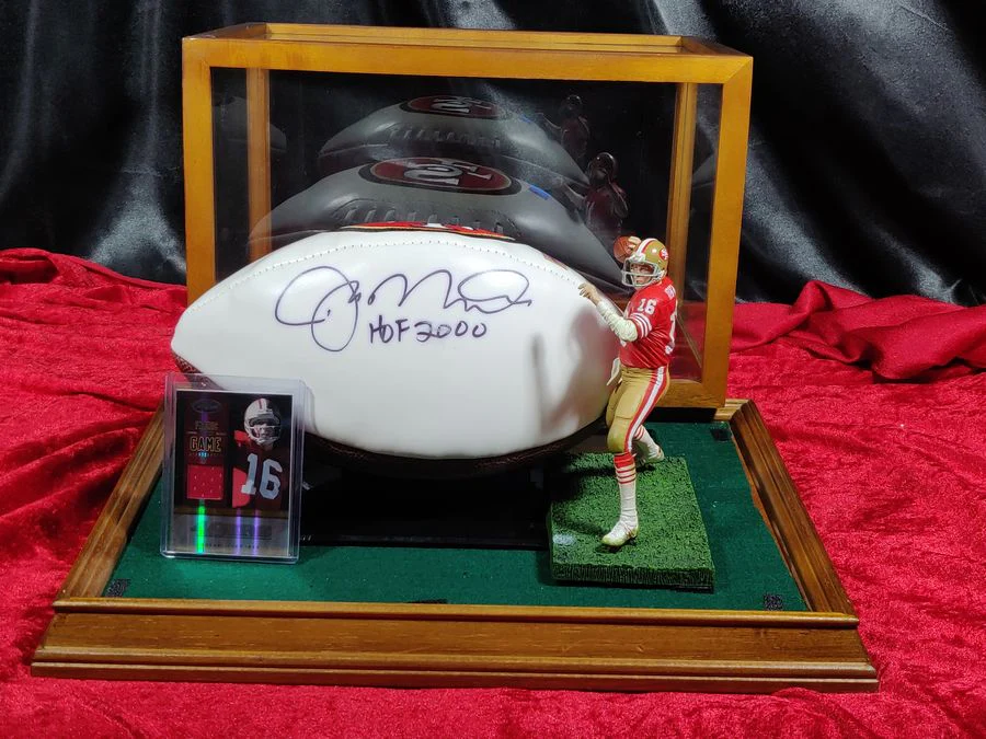 Joe Montana Signed Football Shadowbox 49ers HOF 2000 Ball w/ Card & Figure - Image 6