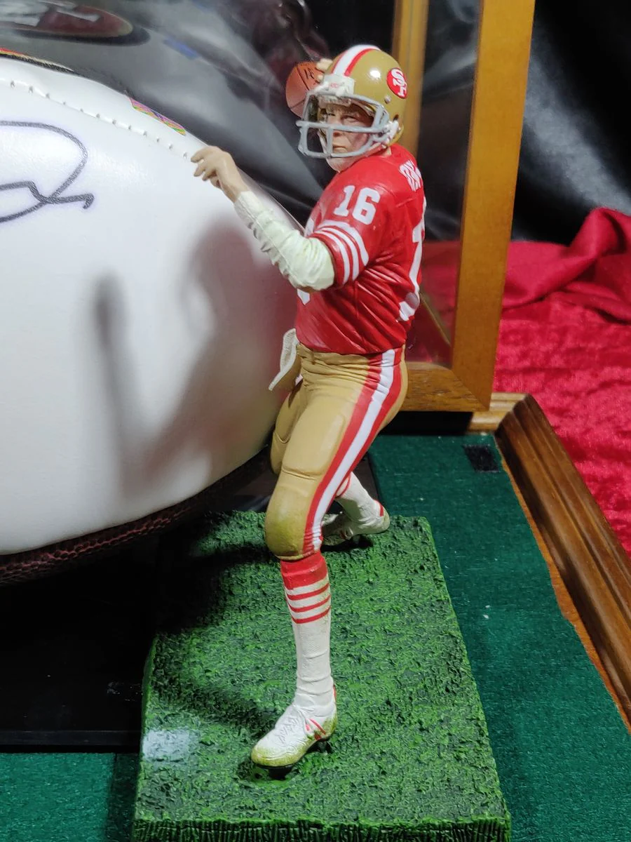 Joe Montana Signed Football Shadowbox 49ers HOF 2000 Ball w/ Card & Figure - Image 8