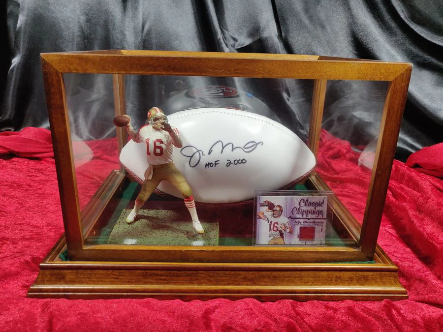Joe Montana Signed Football Shadowbox 49ers HOF 2000 Ball w/ Card & Figure