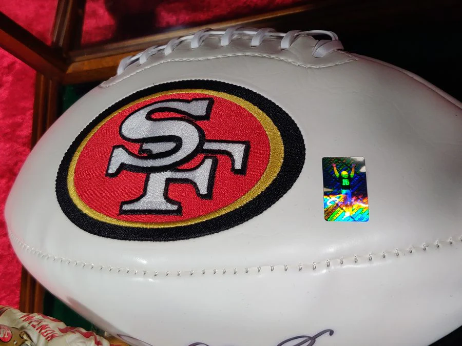 Joe Montana Signed Football Shadowbox 49ers HOF 2000 Ball w/ Card & Figure - Image 10