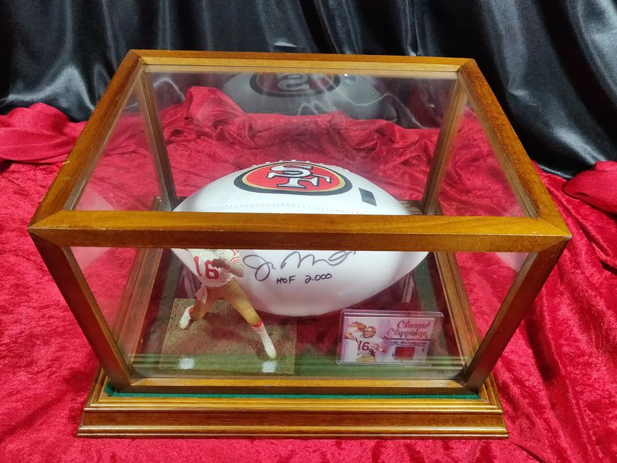 Joe Montana Signed Football Shadowbox 49ers HOF 2000 Ball w/ Card & Figure - Image 2