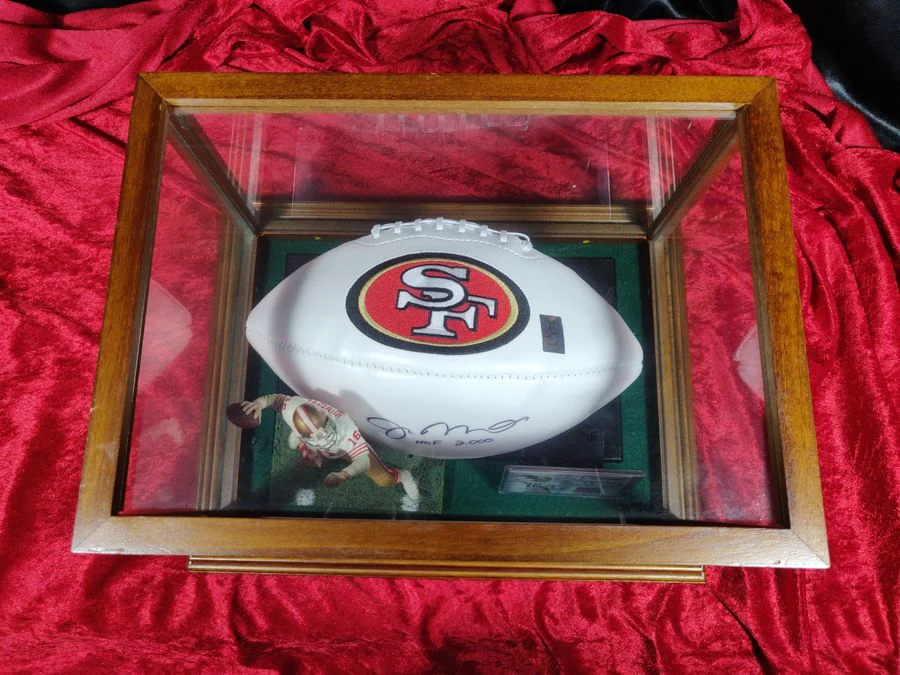 Joe Montana Signed Football Shadowbox 49ers HOF 2000 Ball w/ Card & Figure - Image 3