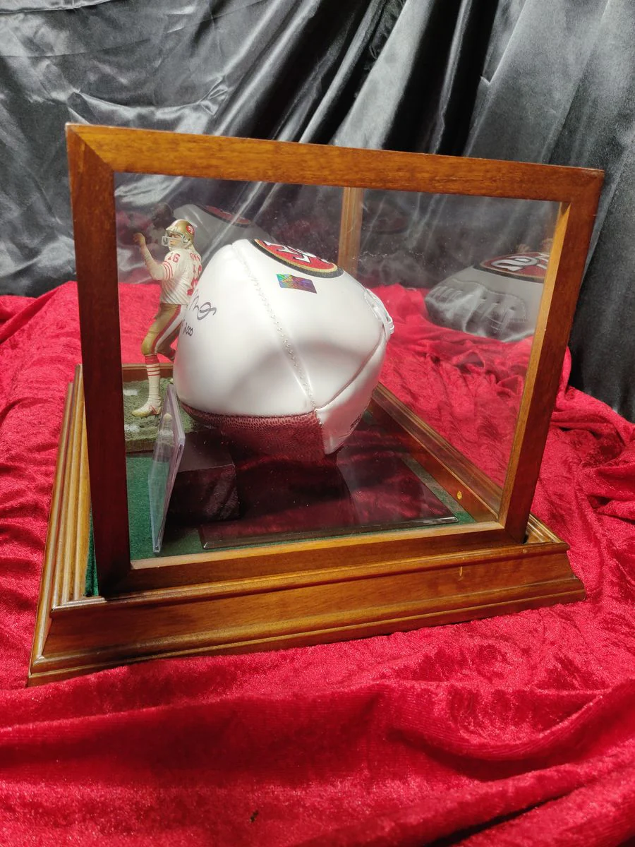 Joe Montana Signed Football Shadowbox 49ers HOF 2000 Ball w/ Card & Figure - Image 4