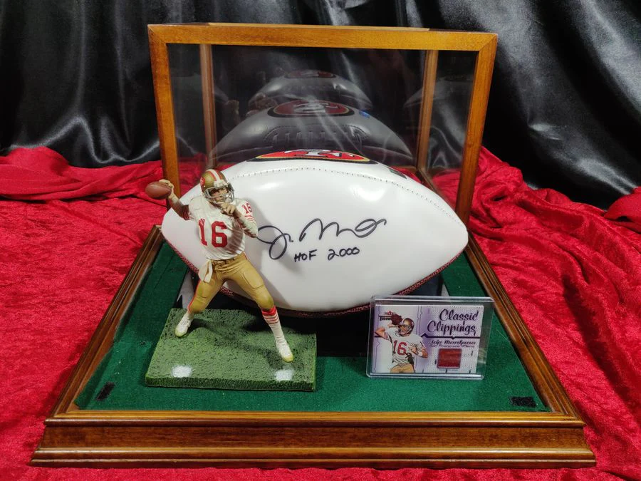 Joe Montana Signed Football Shadowbox 49ers HOF 2000 Ball w/ Card & Figure - Image 6