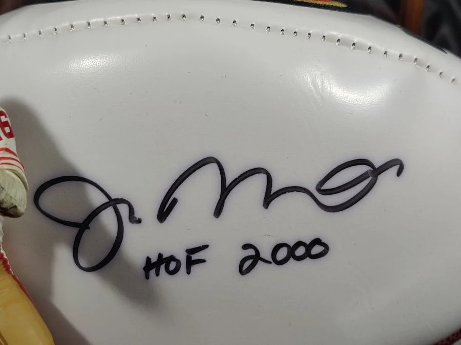 Joe Montana Signed Football Shadowbox 49ers HOF 2000 Ball w/ Card & Figure - Image 9