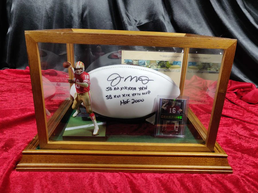 Joe Montana Signed Football Shadowbox 49ers HOF/SB MVP Ball w/ Card & Figure
