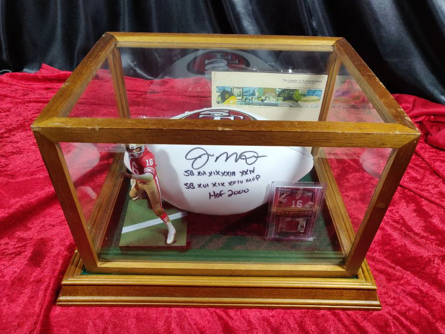 Joe Montana Signed Football Shadowbox 49ers HOF/SB MVP Ball w/ Card & Figure - Image 2