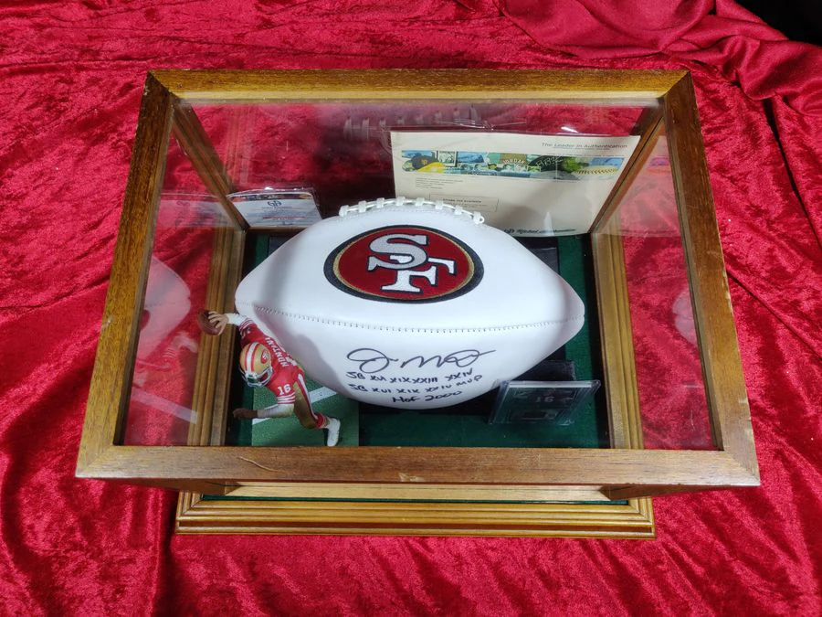 Joe Montana Signed Football Shadowbox 49ers HOF/SB MVP Ball w/ Card & Figure - Image 3