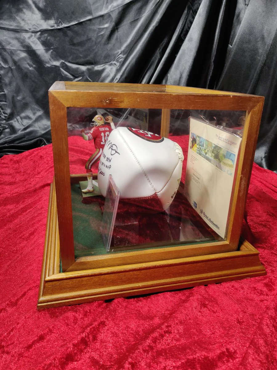 Joe Montana Signed Football Shadowbox 49ers HOF/SB MVP Ball w/ Card & Figure - Image 4