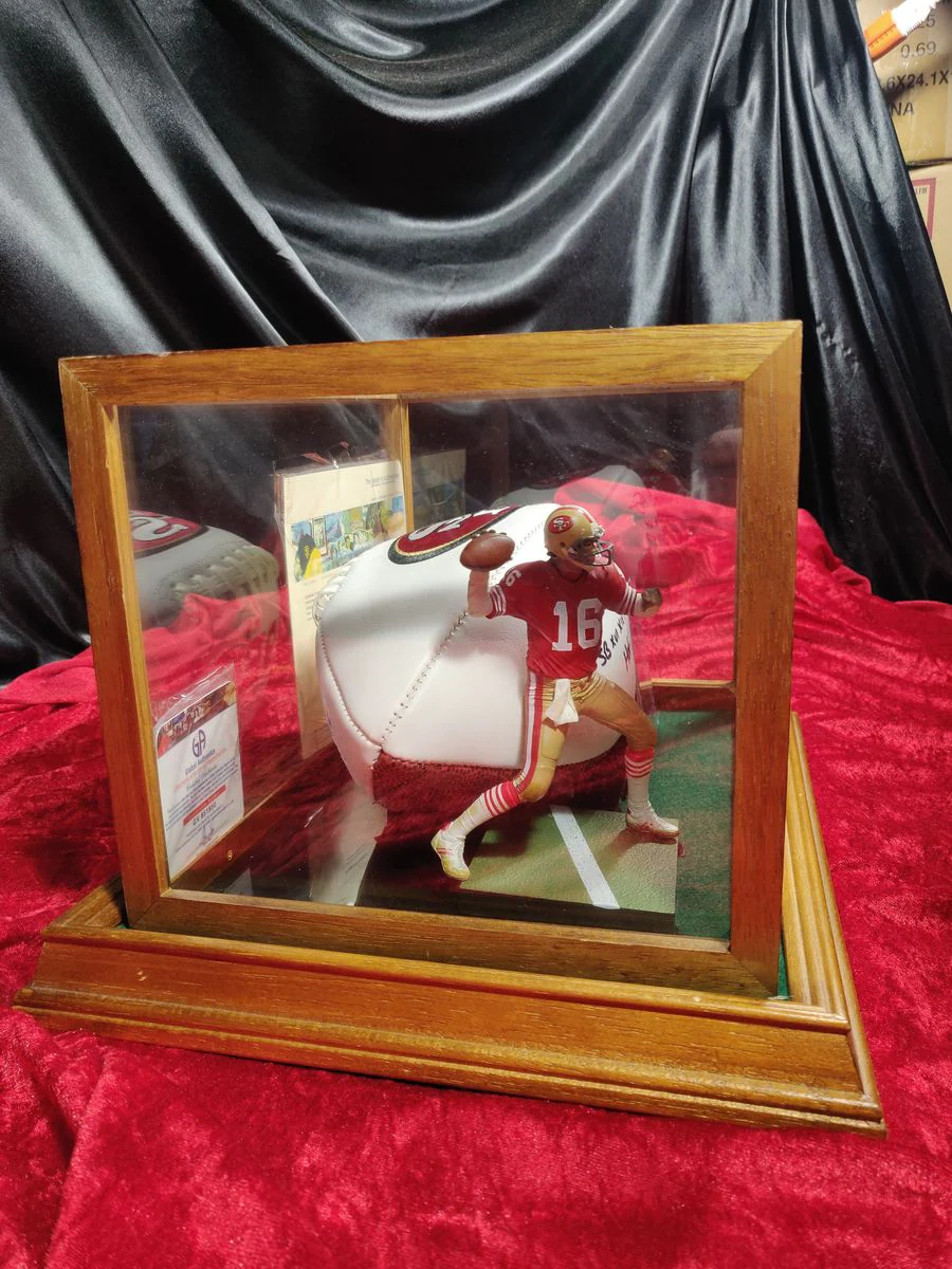 Joe Montana Signed Football Shadowbox 49ers HOF/SB MVP Ball w/ Card & Figure - Image 5