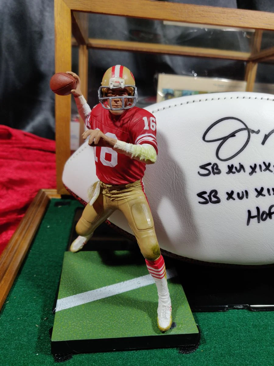 Joe Montana Signed Football Shadowbox 49ers HOF/SB MVP Ball w/ Card & Figure - Image 6