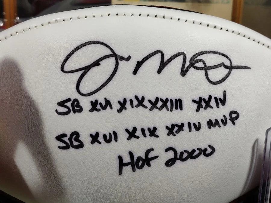 Joe Montana Signed Football Shadowbox 49ers HOF/SB MVP Ball w/ Card & Figure - Image 8