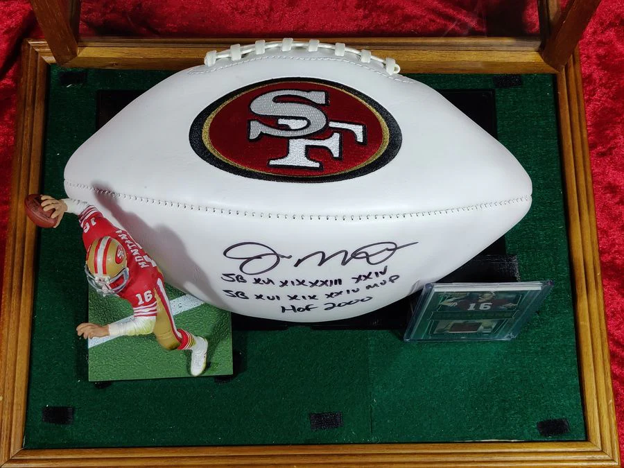 Joe Montana Signed Football Shadowbox 49ers HOF/SB MVP Ball w/ Card & Figure - Image 9