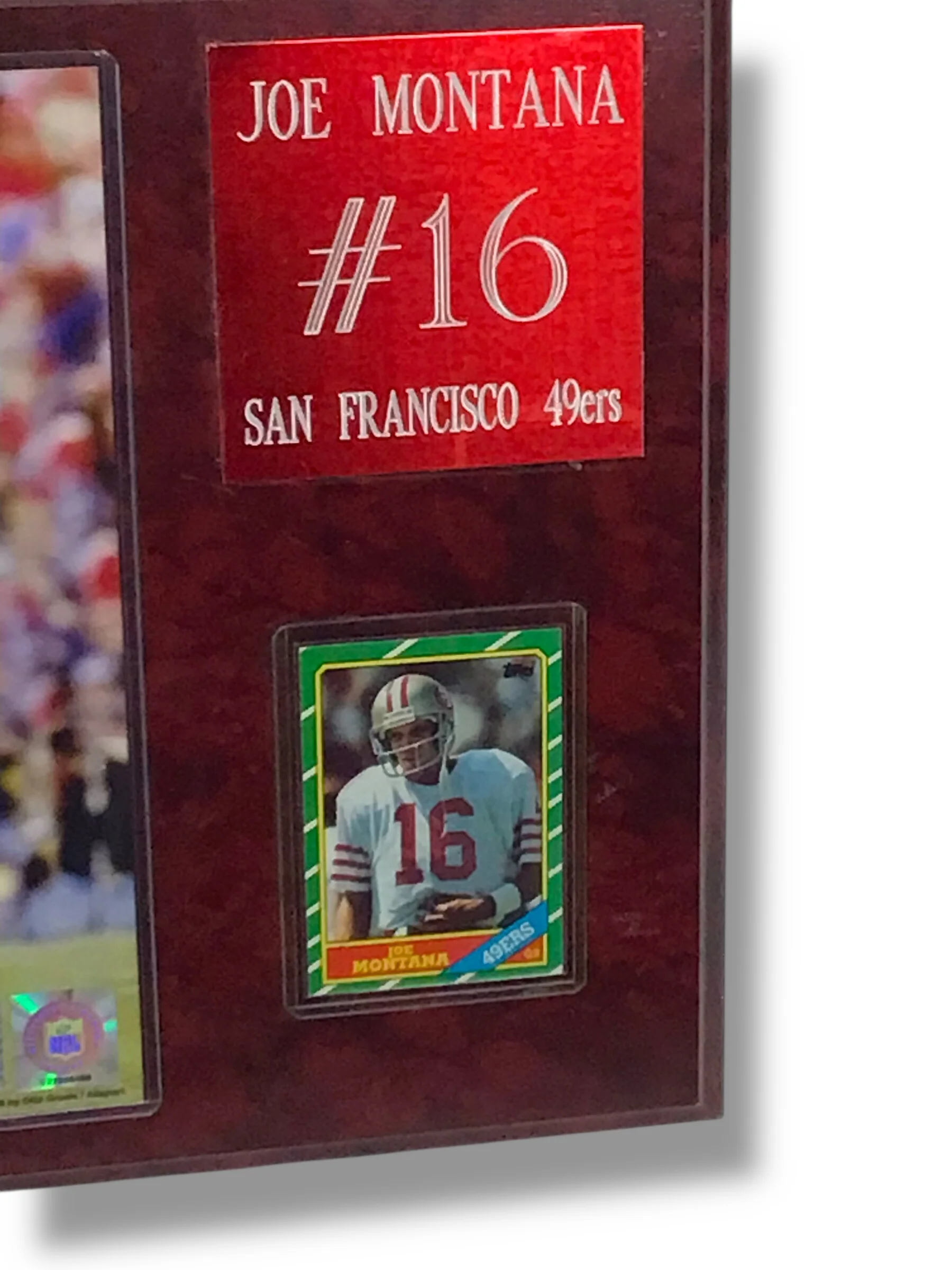 Joe Montana Signed Photo w/ Vintage Plaque & Sports Card w/ Cert - Image 3