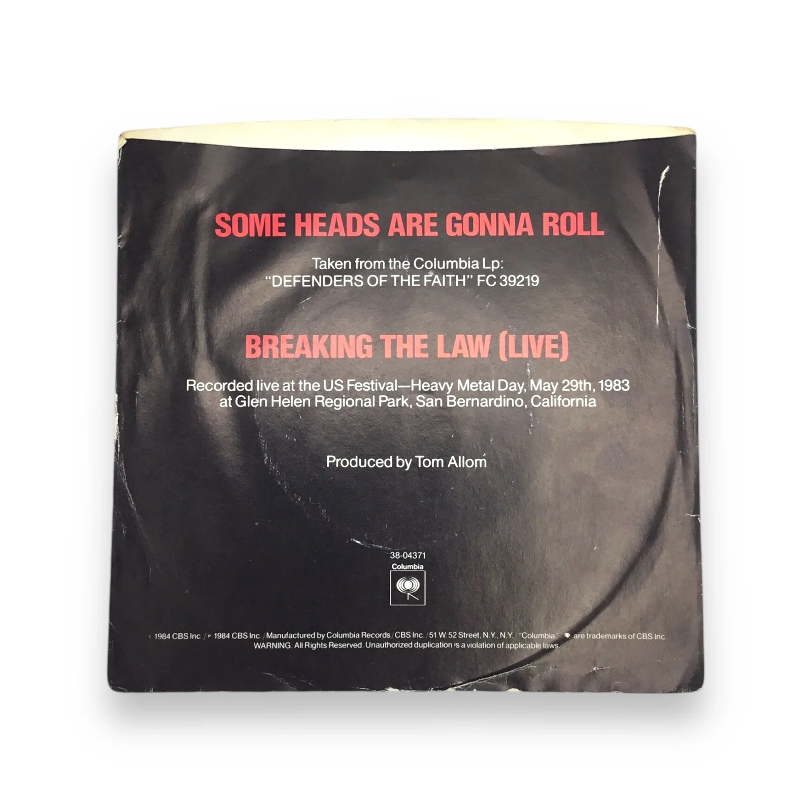 Judas Priest Some Heads Are Gonna Roll / Breaking the Law (Live) 45 Record Vinyl Columbia - Image 5
