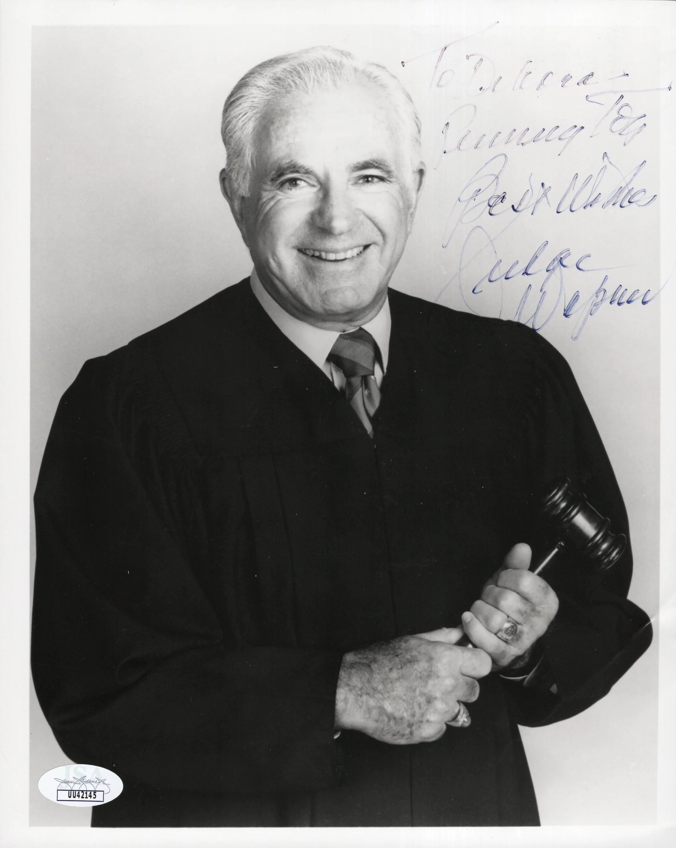 Judge Joseph Wapner Signed Photo 8x10 Personalized "To Debora", Judge Joseph Wapner Autograph from The Peoples Court in B&W Bust Shot, Faded Signature, JSA Certified Authentic UU42145