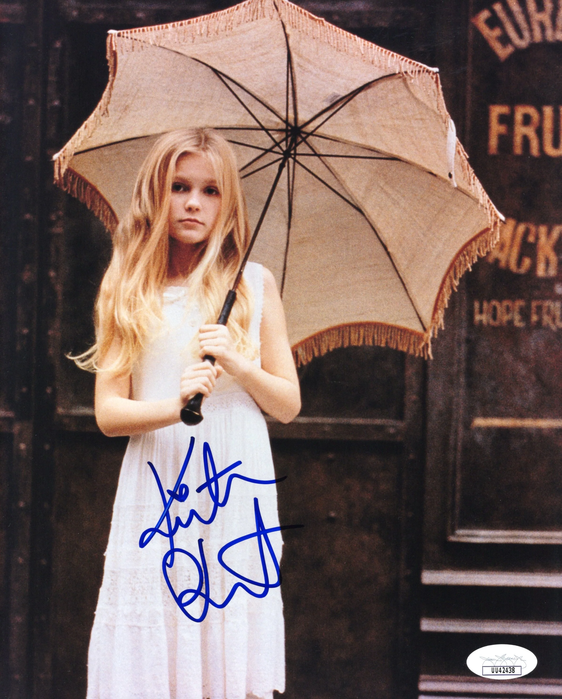Kirsten Dunst Signed Photo 8x10, Kirsten Dunst Autograph in White Dress and Umbrella, Early Photo, JSA and PSA Letter Double Certified Authentic UU42438