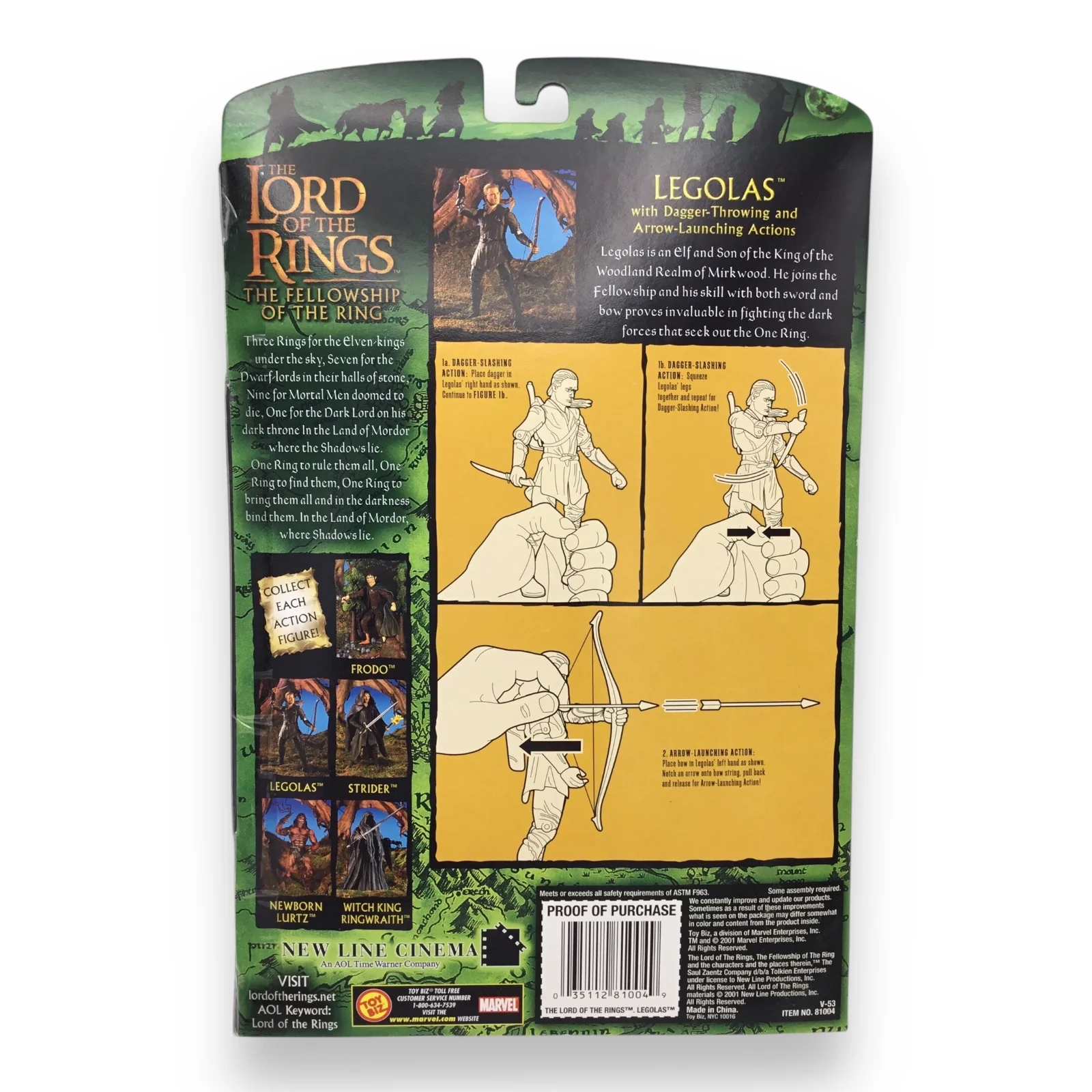 Lord of the Rings Fellowship of the Ring – Legolas with Arrow Launching Bow (Toy Biz, 2001, New in Box) - Image 2