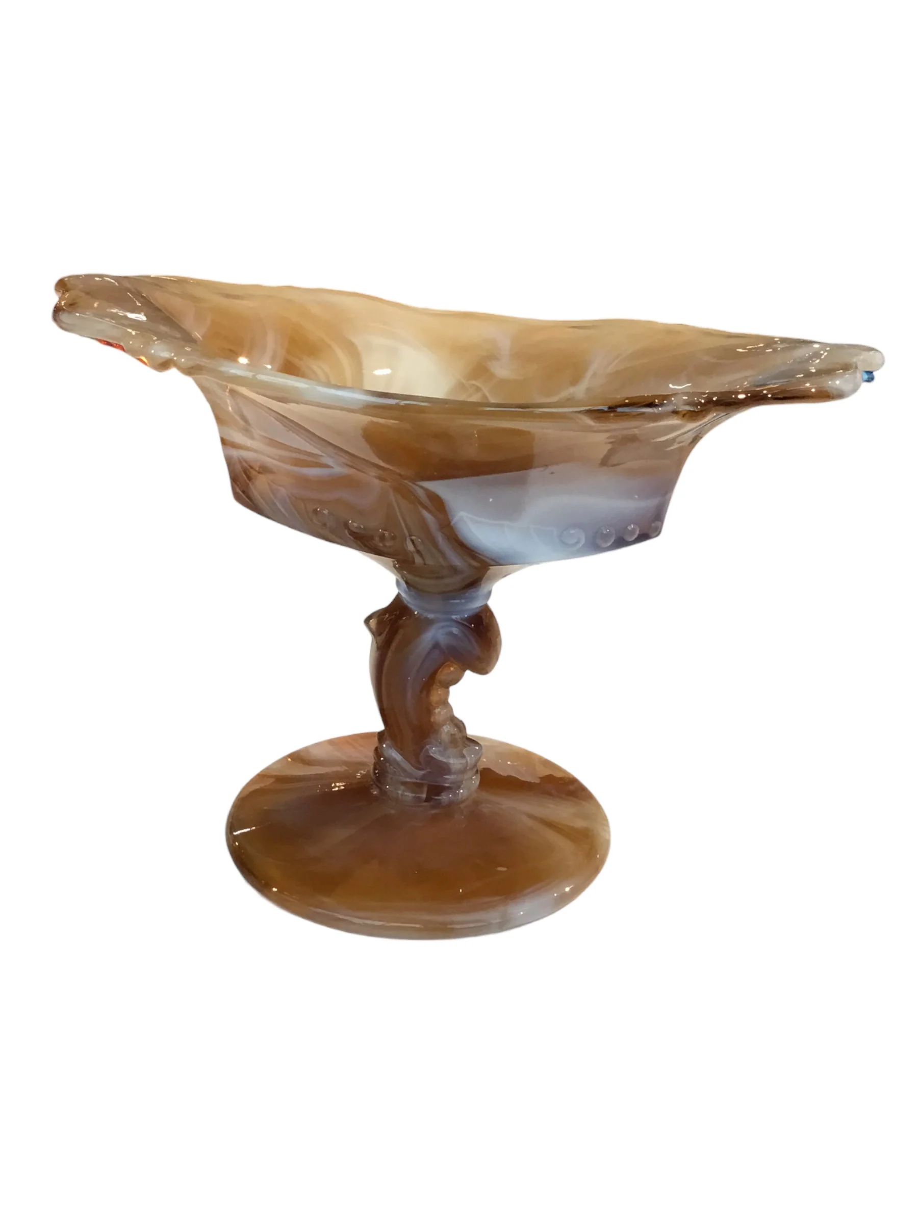 Marble Milk Glass Dish with Dolphin Stem