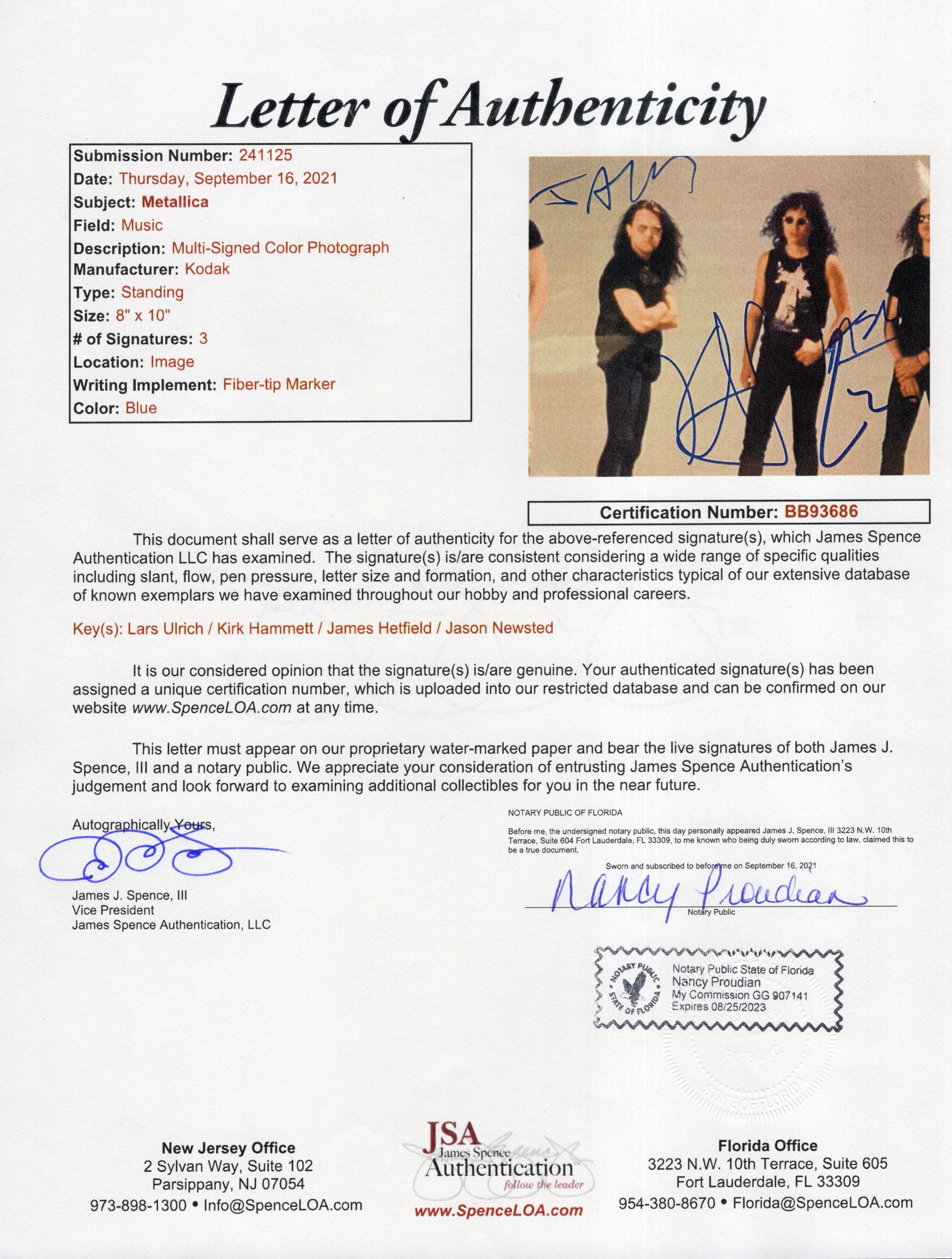 Metallica Signed Photo 8x10, Autographs by Entire Band, JSA & PSA LOA - Image 3