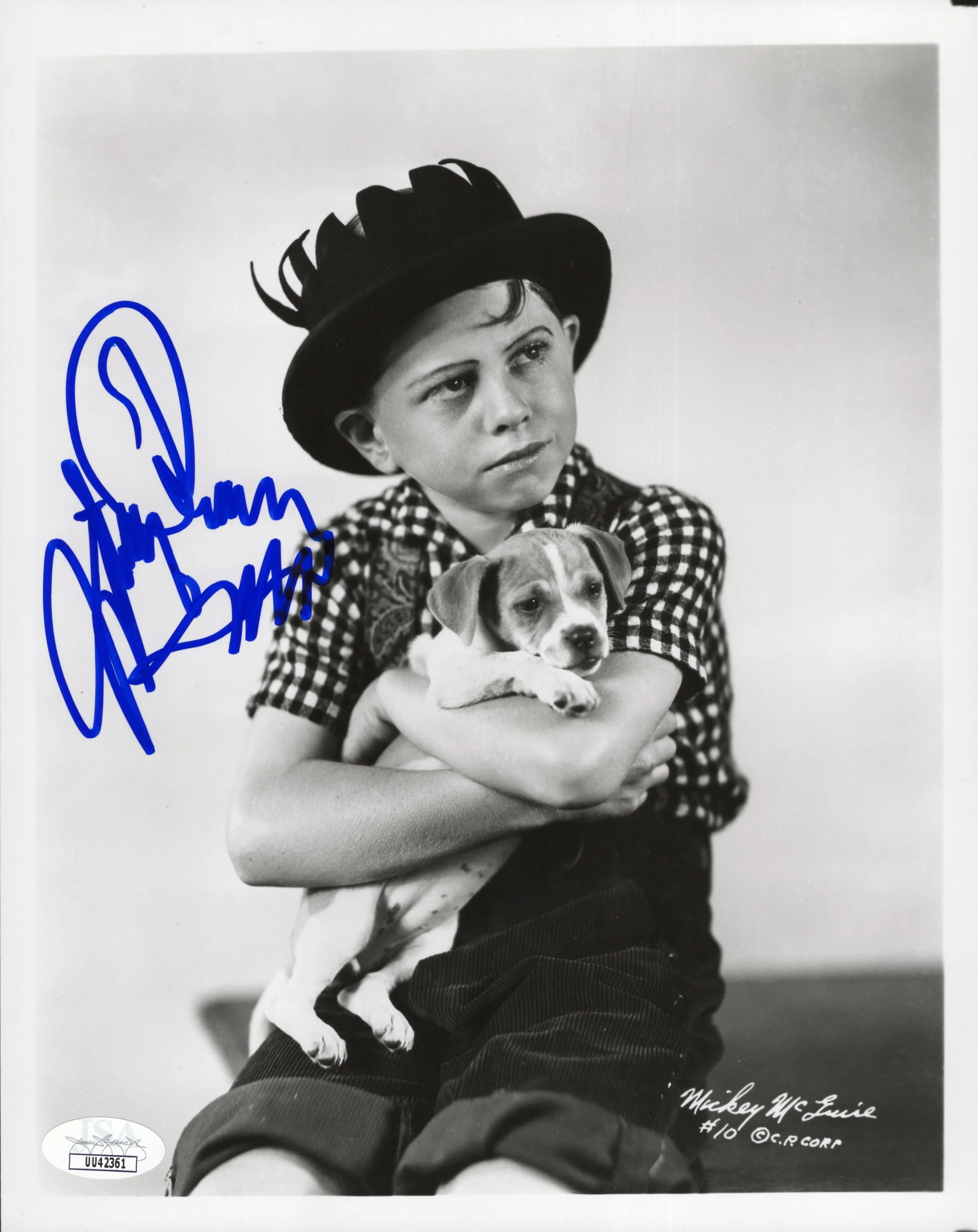 Mickey Rooney Signed Photo 8x10, Mickey Rooney Autograph as Mickey McGuire Holding Puppy, Rare B&W Photo, JSA and PSA Letter Double Certified Authentic UU42361