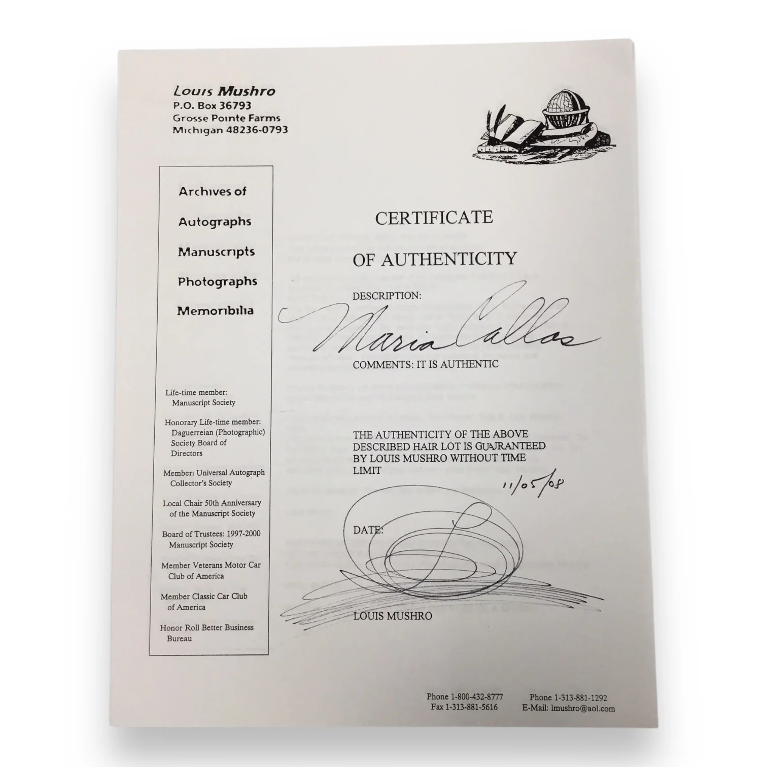 Maria Callas Hair Clipping with Certificate of Authenticity - Image 3