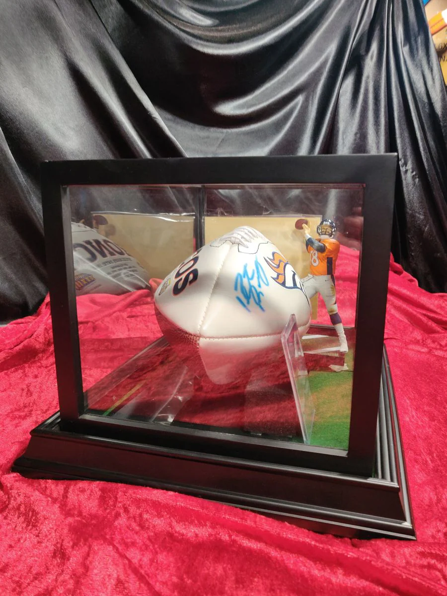 Payton Manning Denver Broncos Autographed Football Shadowbox with Card + Figure - Image 10