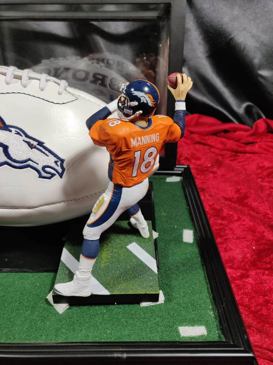 Payton Manning Denver Broncos Autographed Football Shadowbox with Card + Figure - Image 3