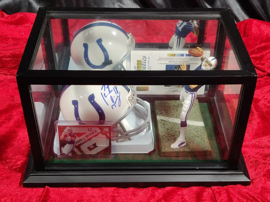 Peyton Manning Colts Autographed Mini Helmet Shadowbox w/ Jersey Card + Figure - Image 2