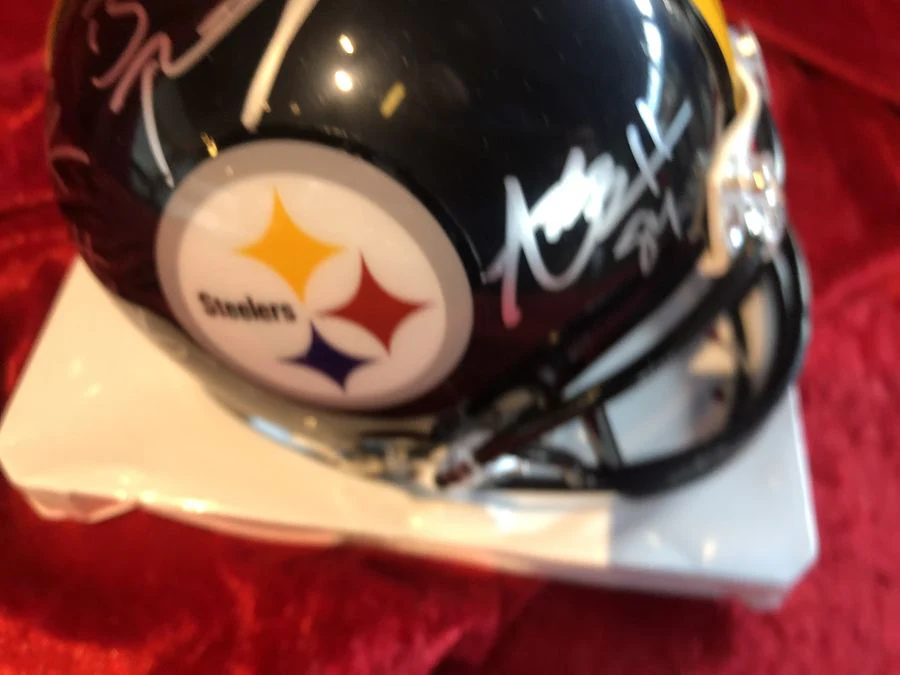 Roethlisberger, Bell, & Brown Steelers Signed Mini Helmet Shadowbox w/ Cards COA - Image 11