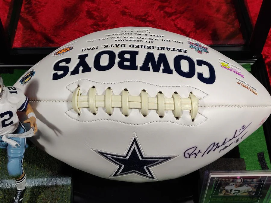 Roger Staubach Dallas Cowboys Autographed Football Shadowbox with Card + Figure - Image 6