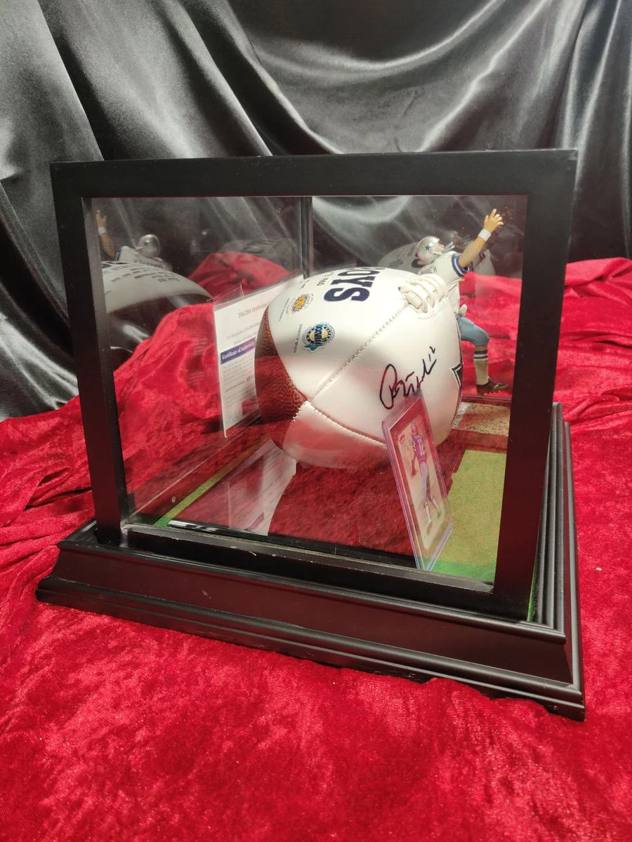 Roger Staubach Dallas Cowboys Autographed Football Shadowbox with Card & Figure - Image 10