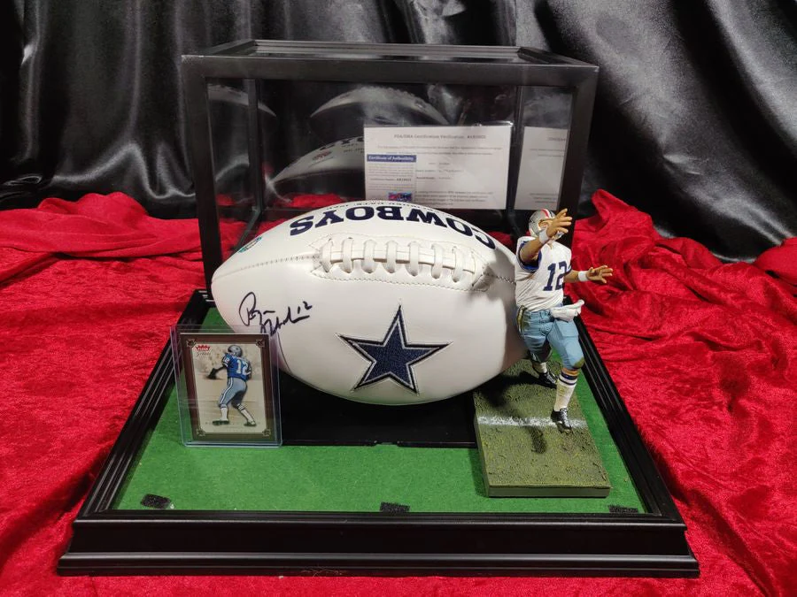 Roger Staubach Dallas Cowboys Autographed Football Shadowbox with Card & Figure - Image 2