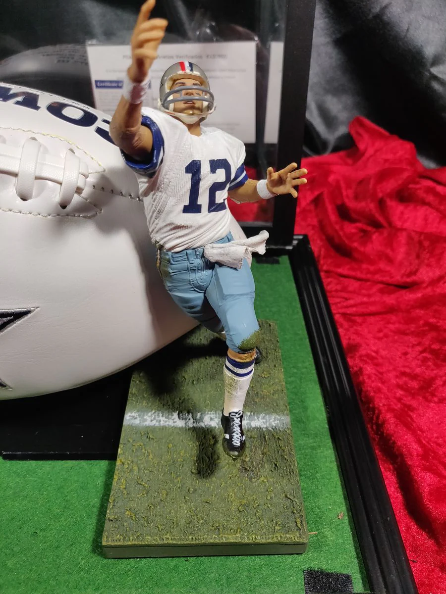 Roger Staubach Dallas Cowboys Autographed Football Shadowbox with Card & Figure - Image 3