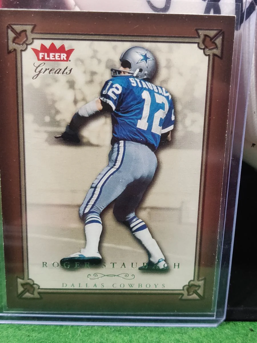 Roger Staubach Dallas Cowboys Autographed Football Shadowbox with Card & Figure - Image 4
